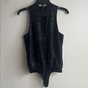 Like New! Bebe Mock Neck Keyhole Bodysuit Black Sleeveless Shimmery in XS